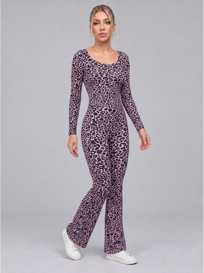 Women's Leopard Print Scoop Neck Flared Jumpsuit