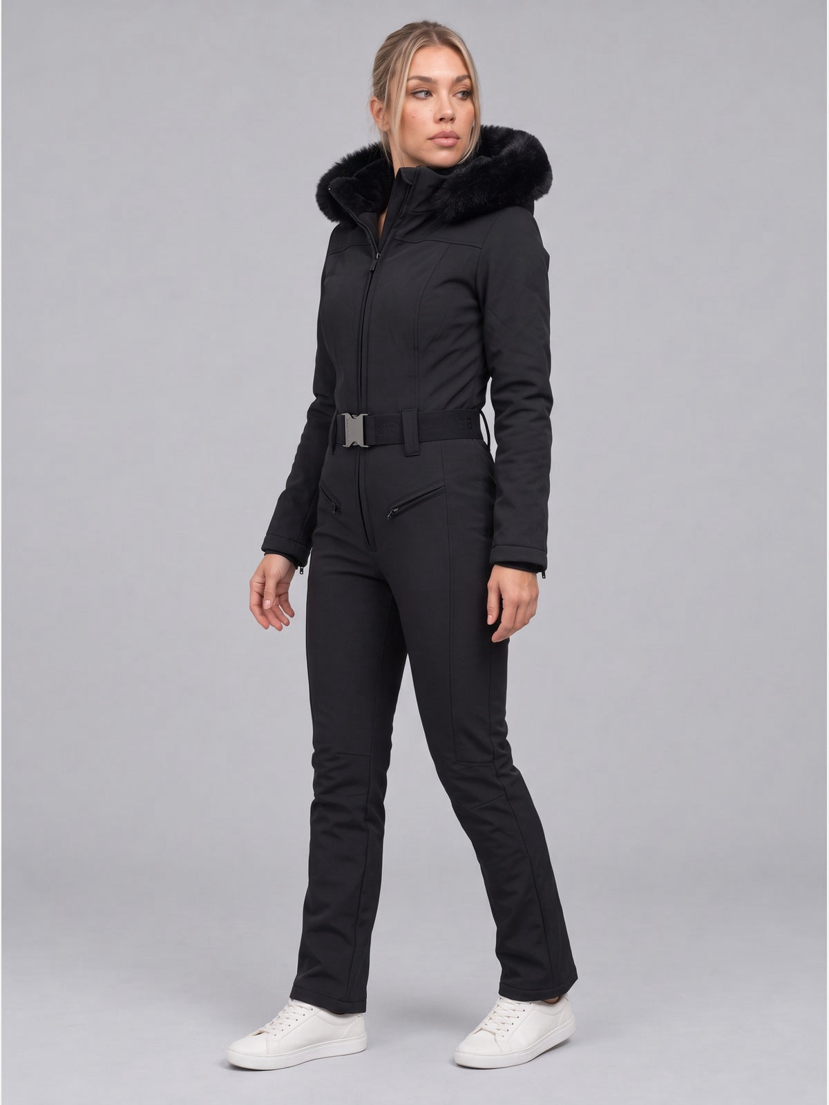 Women's Hooded Ski Jumpsuit with Fur Trim & Belt