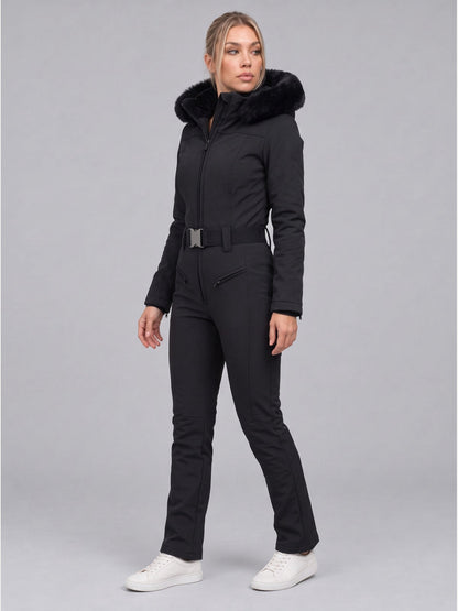 Women's Hooded Ski Jumpsuit with Fur Trim & Belt