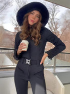 Women's Hooded Ski Jumpsuit with Fur Trim & Belt