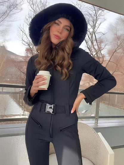 Women's Hooded Ski Jumpsuit with Fur Trim & Belt