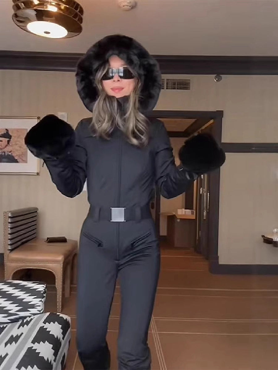 Women's Hooded Ski Jumpsuit with Fur Trim & Belt