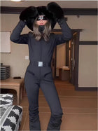 Women's Hooded Ski Jumpsuit with Fur Trim & Belt