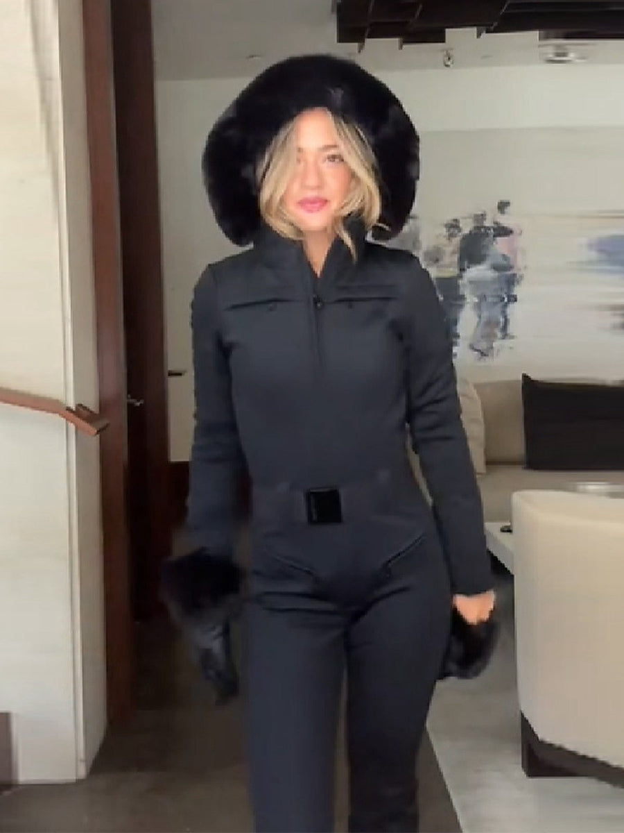 Women's Hooded Ski Jumpsuit with Fur Trim & Belt