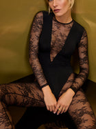 Black Lace Mesh Deep V-Neck Long Sleeve Jumpsuit