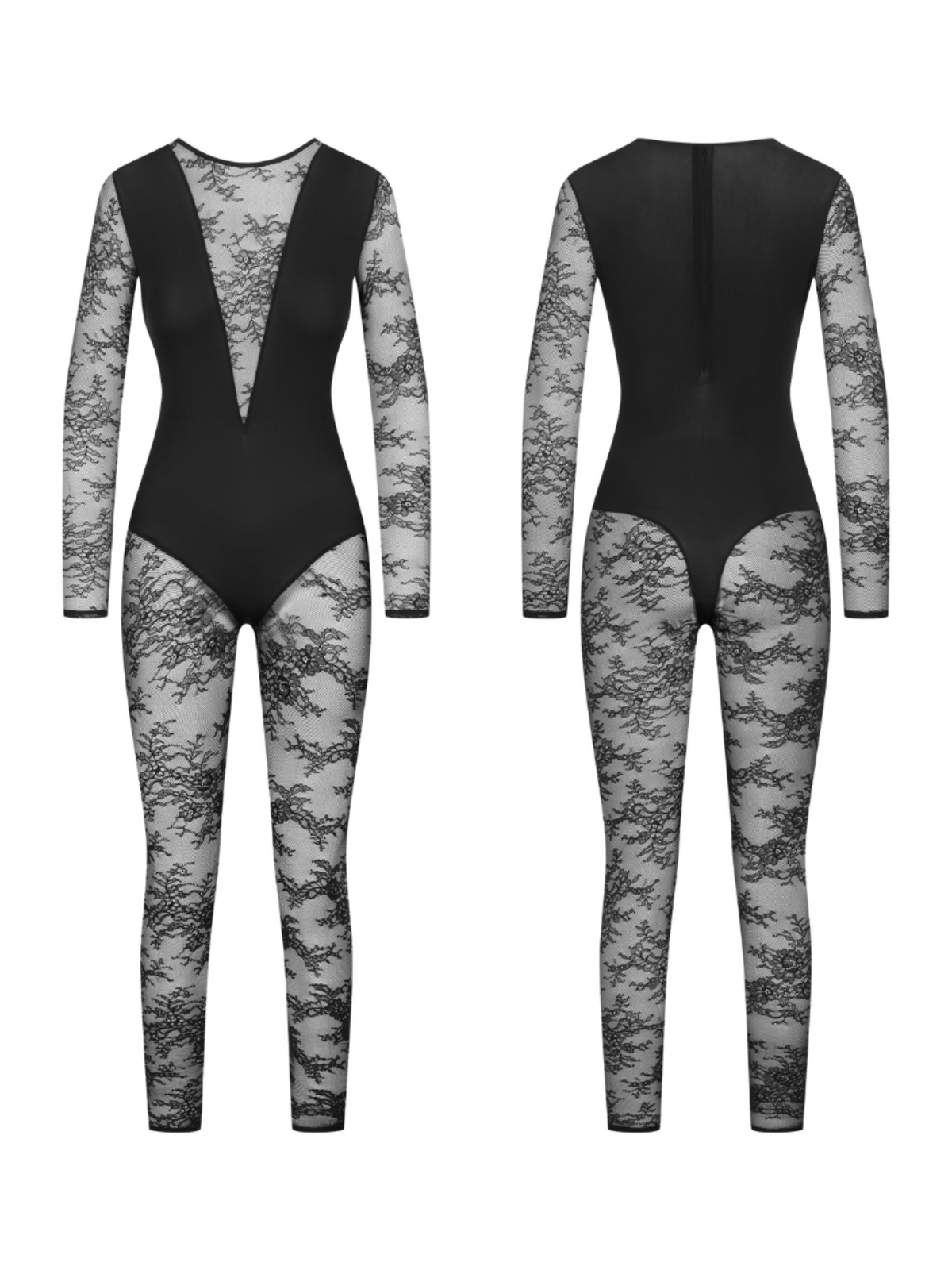 Black Lace Mesh Deep V-Neck Long Sleeve Jumpsuit