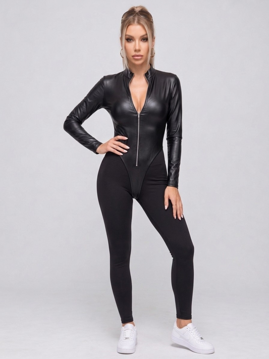 Faux Leather Panel Zip-Front Jumpsuit
