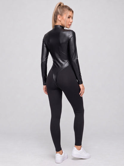 Faux Leather Panel Zip-Front Jumpsuit