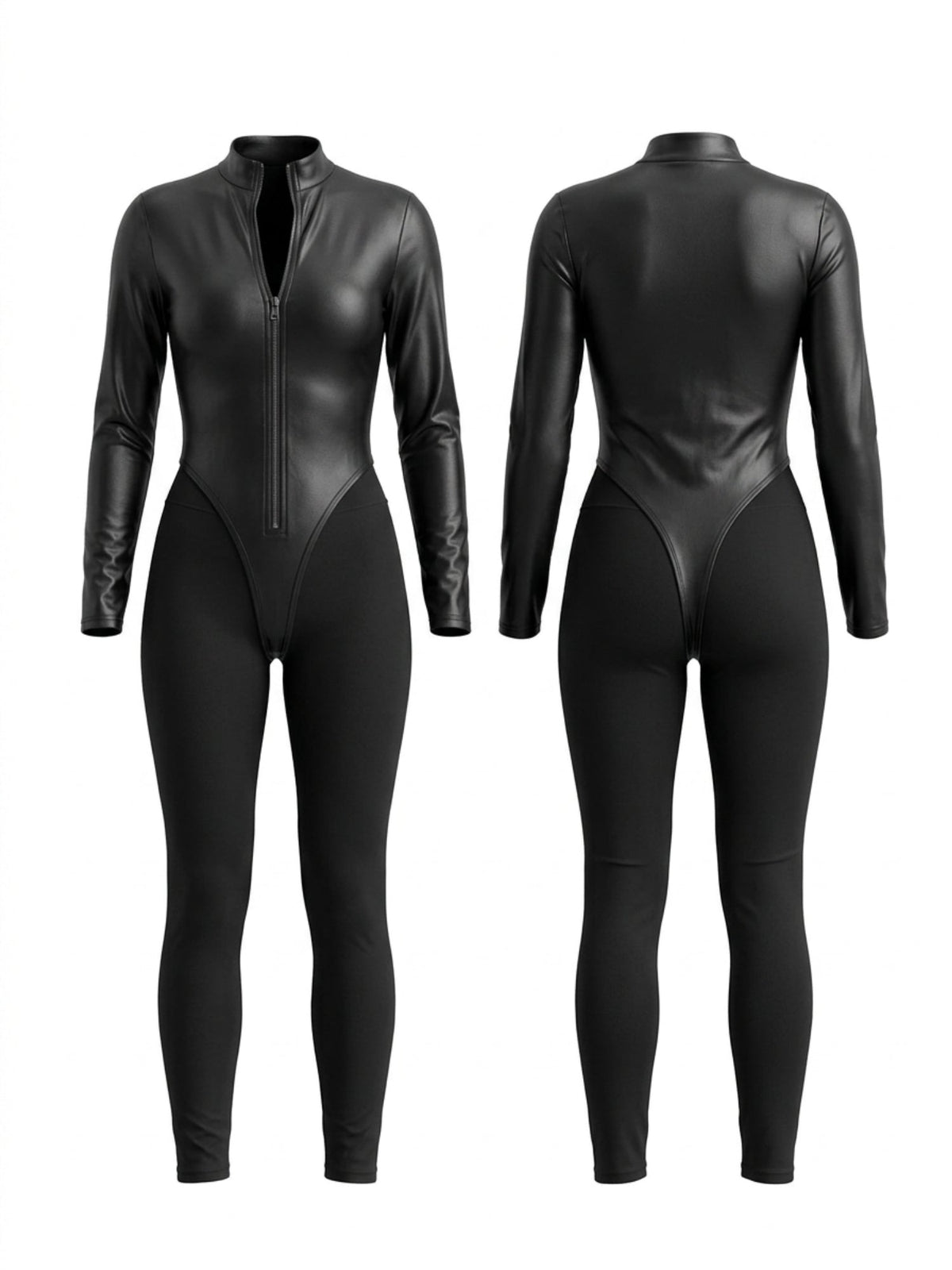 Faux Leather Panel Zip-Front Jumpsuit