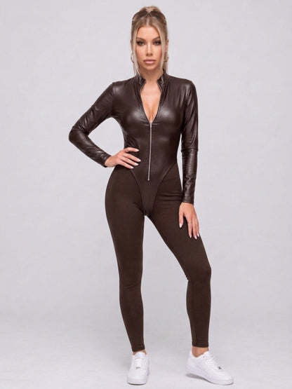 Faux Leather Panel Zip-Front Jumpsuit