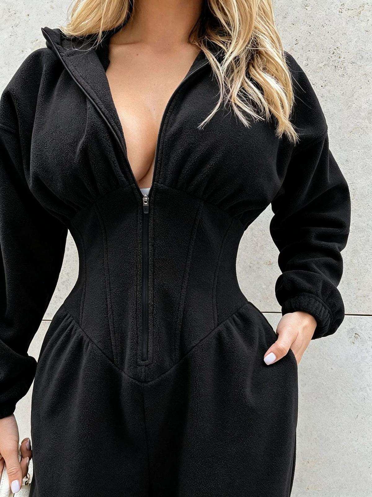 Hooded Zip-Front Corset Waist Jumpsuit