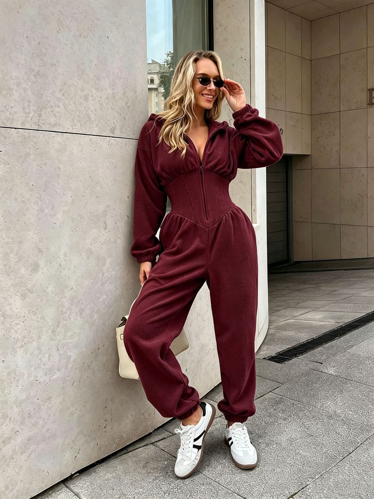 Hooded Zip-Front Corset Waist Jumpsuit