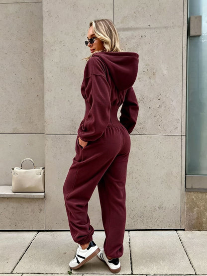 Hooded Zip-Front Corset Waist Jumpsuit