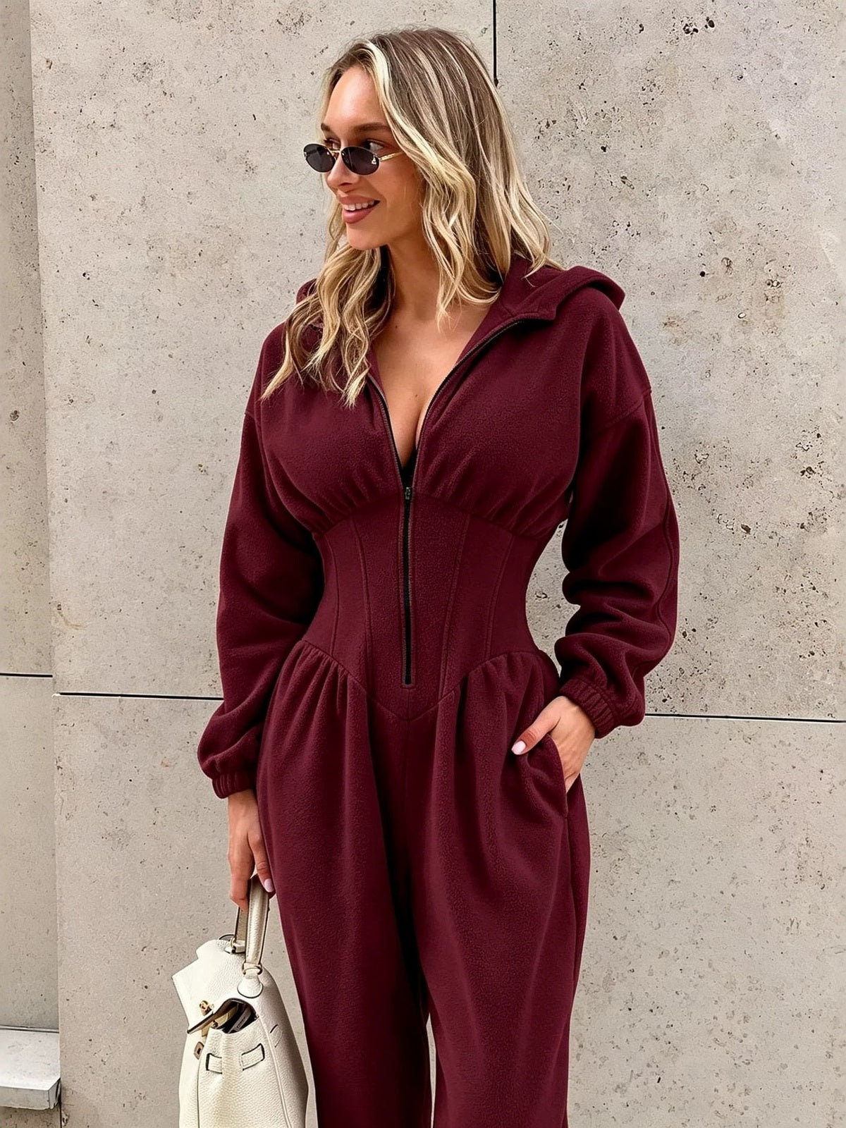 Hooded Zip-Front Corset Waist Jumpsuit