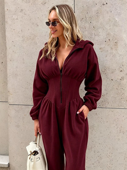 Hooded Zip-Front Corset Waist Jumpsuit
