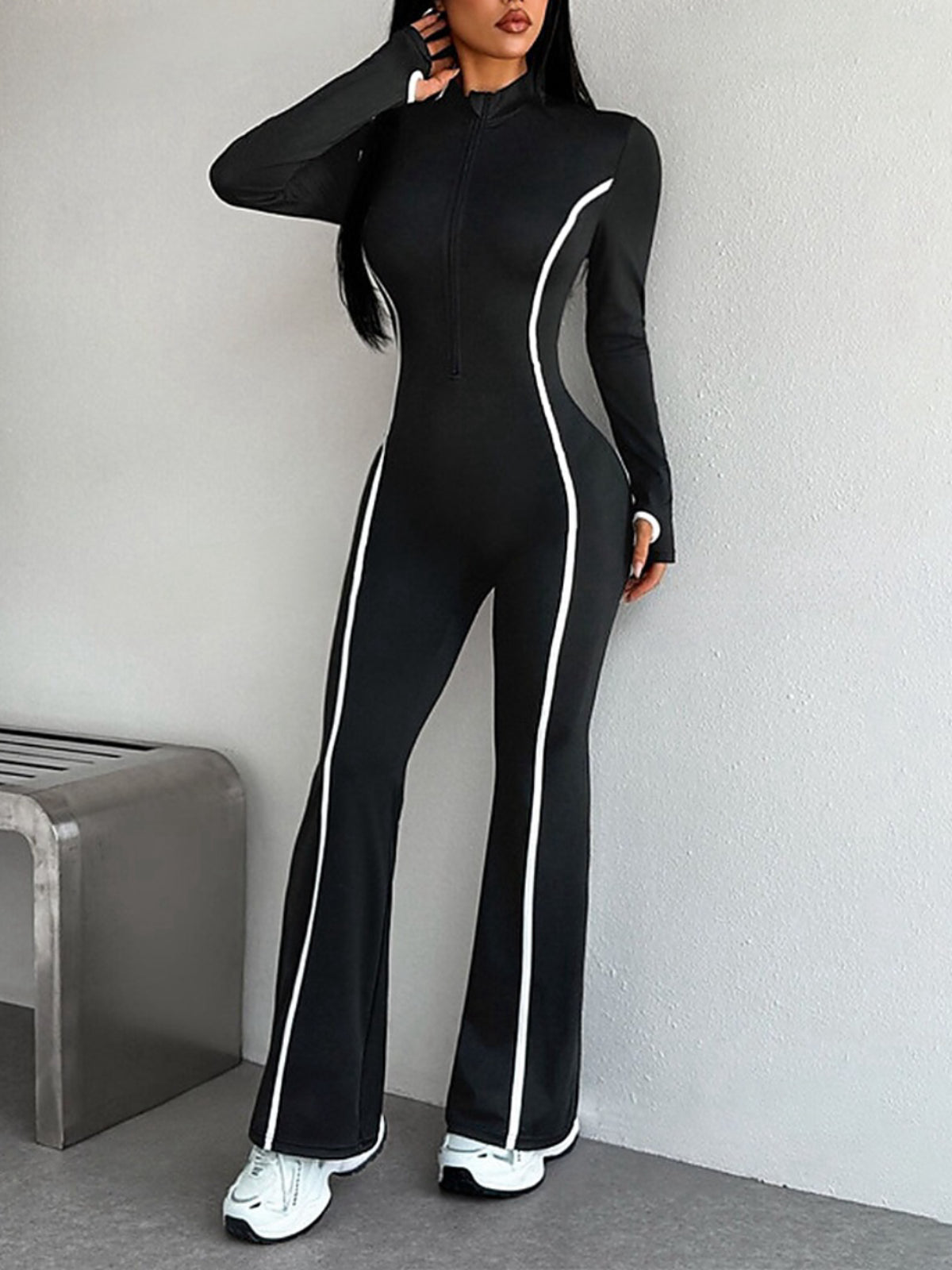Long Sleeve Contrast Stripe Flare Leg Jumpsuit
