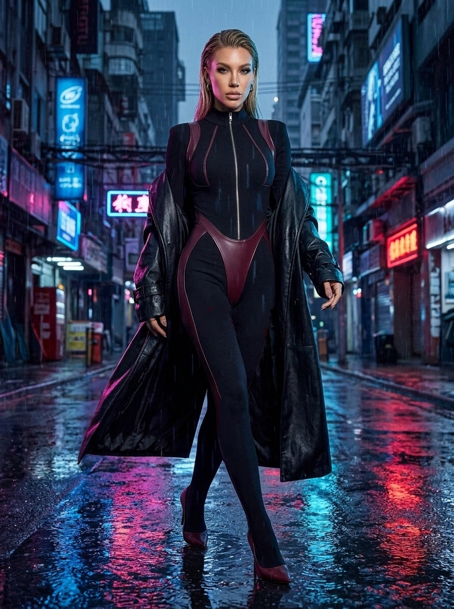 Sculpting Faux Leather Spliced Long Sleeve Jumpsuit