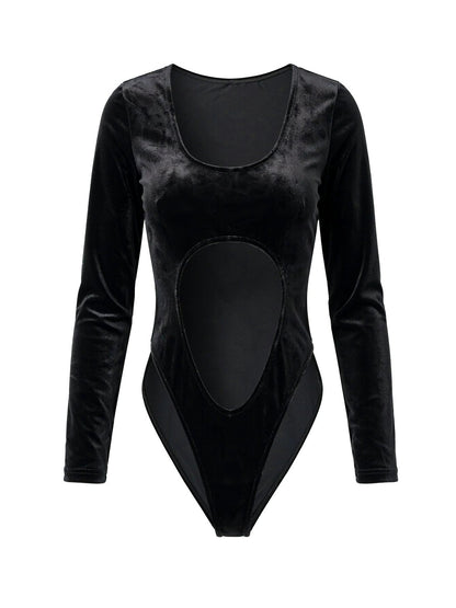 Black Velvet Sheer Panel Long Sleeve Jumpsuit