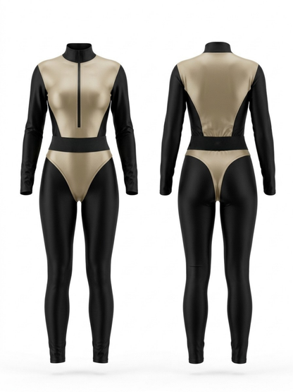 Glossy Two-Tone Long Sleeve Zipper Jumpsuit