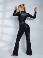 Sculpting Zipper Flare Jumpsuit with Glossy Panels