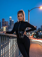 Sculpting Zipper Flare Jumpsuit with Glossy Panels