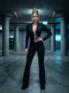 Sculpting Zipper Flare Jumpsuit with Glossy Panels