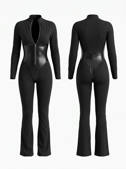 Sculpting Zipper Flare Jumpsuit with Glossy Panels