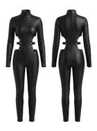 Black Faux Leather Cutout High Neck Jumpsuit