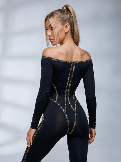 Off-Shoulder Camo Contour Jumpsuit