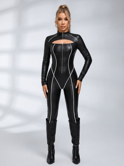 Sleek Reflective Piping Faux Leather Jumpsuit