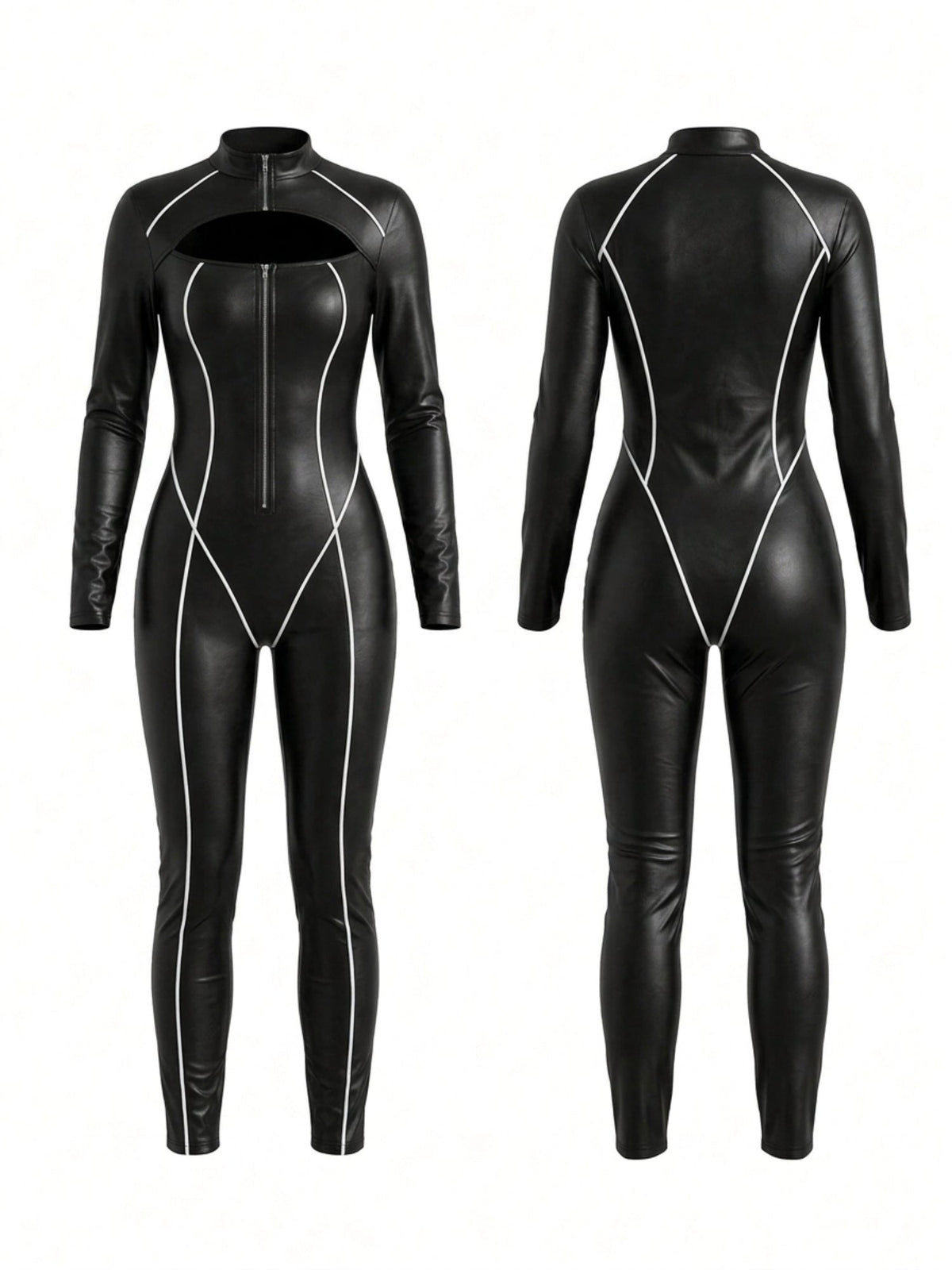Sleek Reflective Piping Faux Leather Jumpsuit