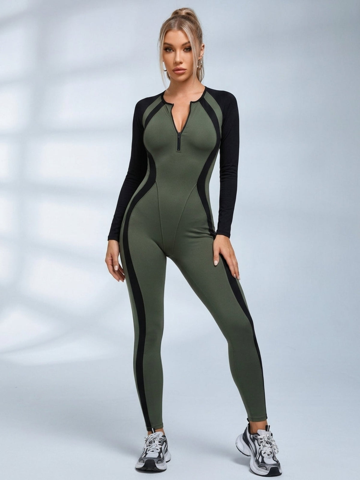Sculpting Color Block Half-Zip Jumpsuit