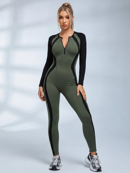 Sculpting Color Block Half-Zip Jumpsuit