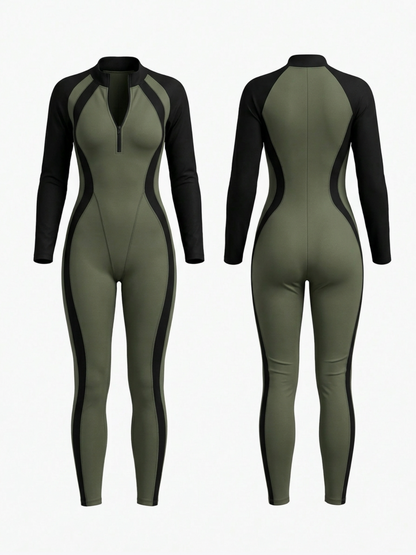 Sculpting Color Block Half-Zip Jumpsuit