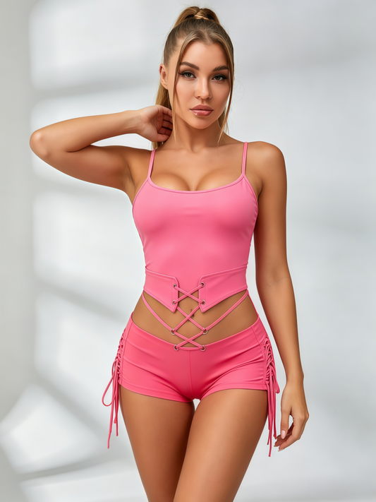 Lace-Up Corset Cami & Fringe Short Romper