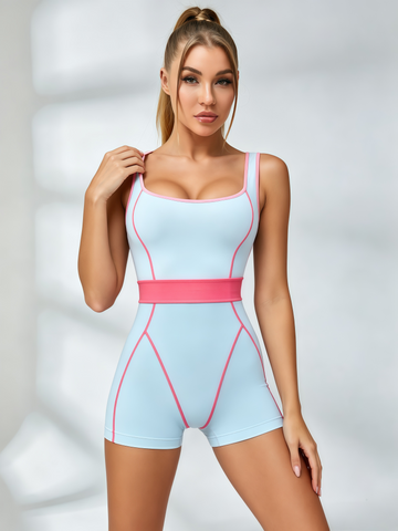 Pink Waistband Square Neck Short Jumpsuit
