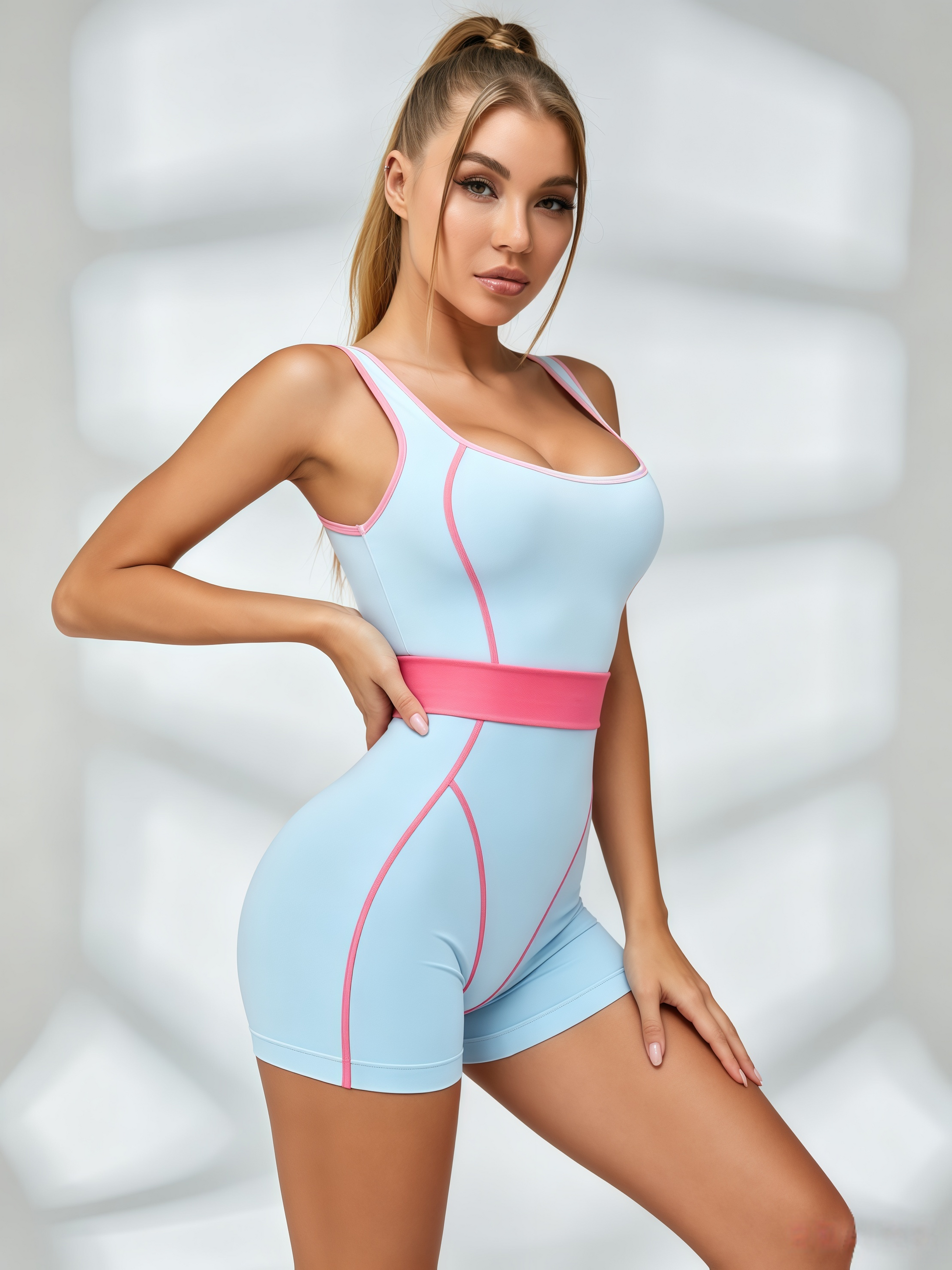 Pink Waistband Square Neck Short Jumpsuit