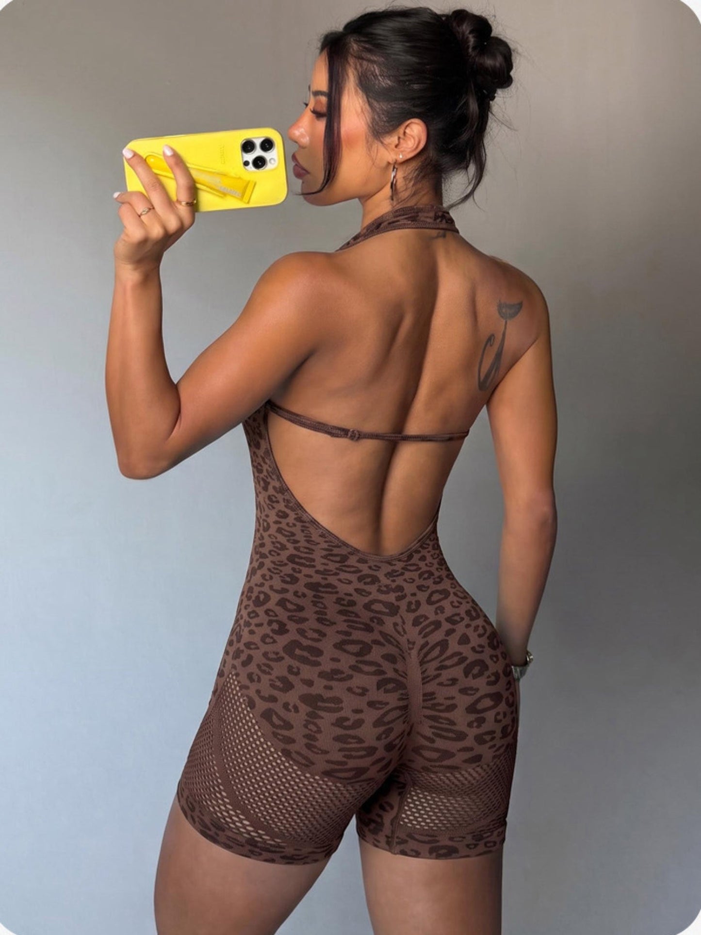 Halter Deep Open Back Leopard Mesh Romper