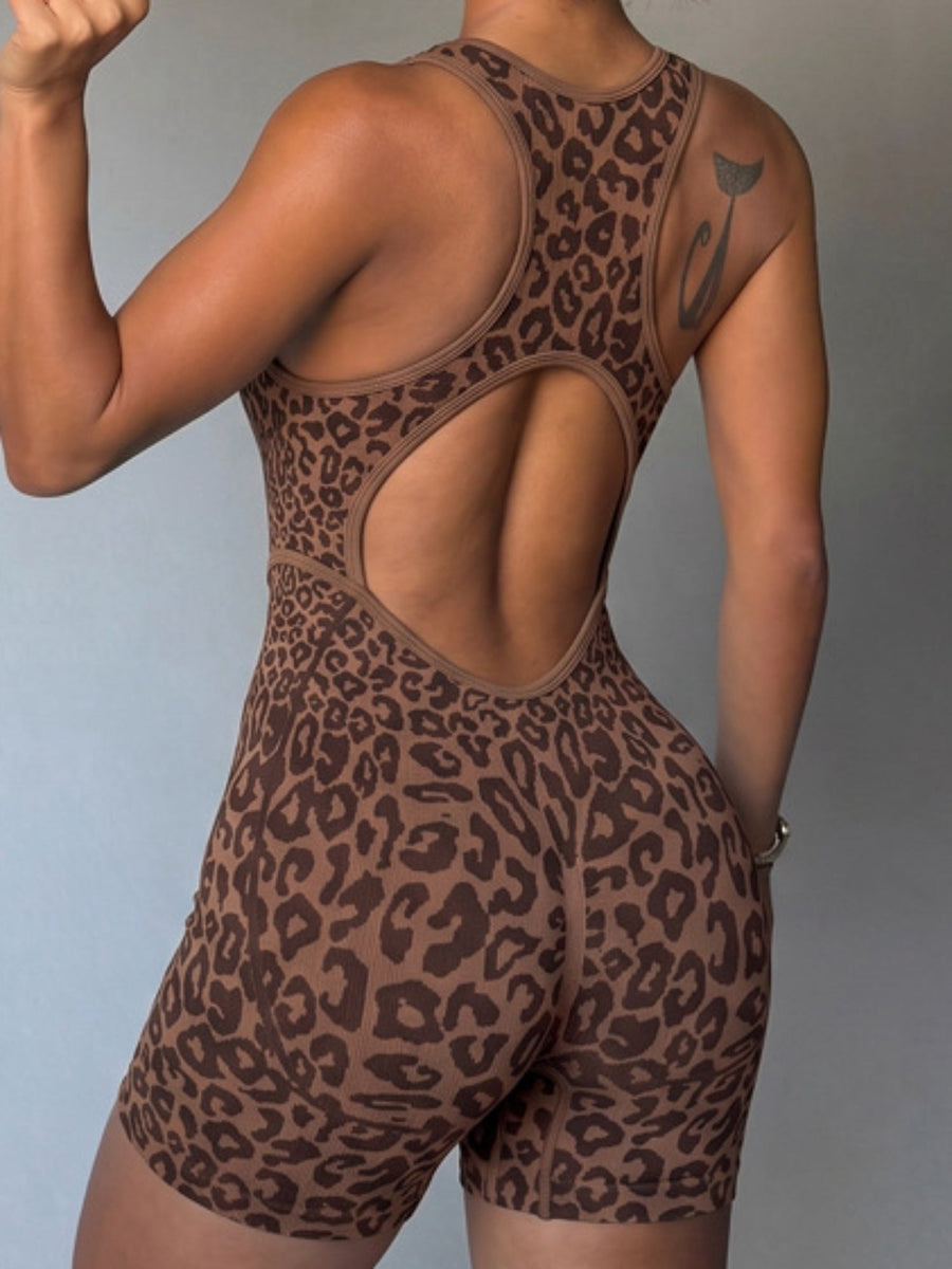 Leopard Print Cutout Sleeveless Workout Romper