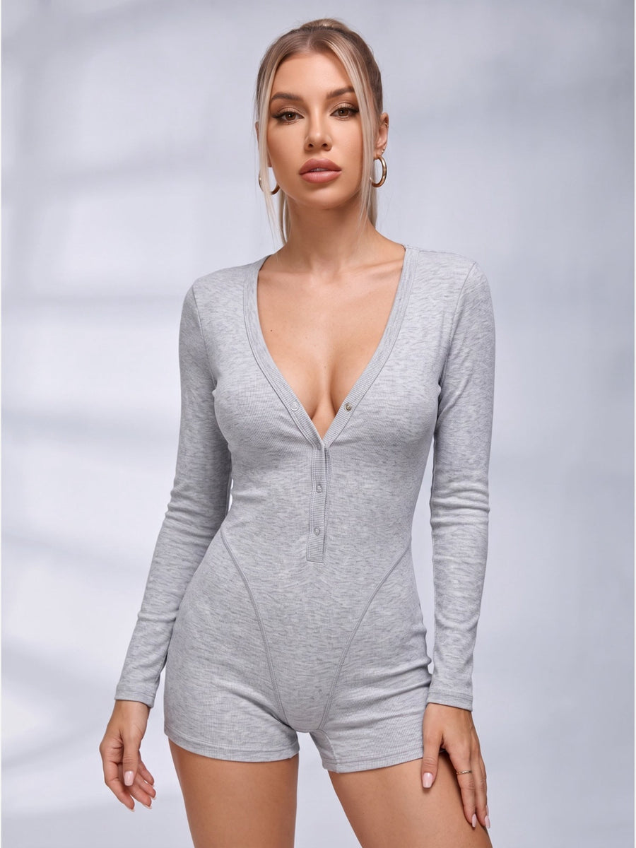 Deep V-Neck Ribbed Long Sleeve Romper