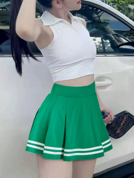 Sporty Sleeveless Polo Crop Top & Pleated Stripe Tennis Skirt Active Set