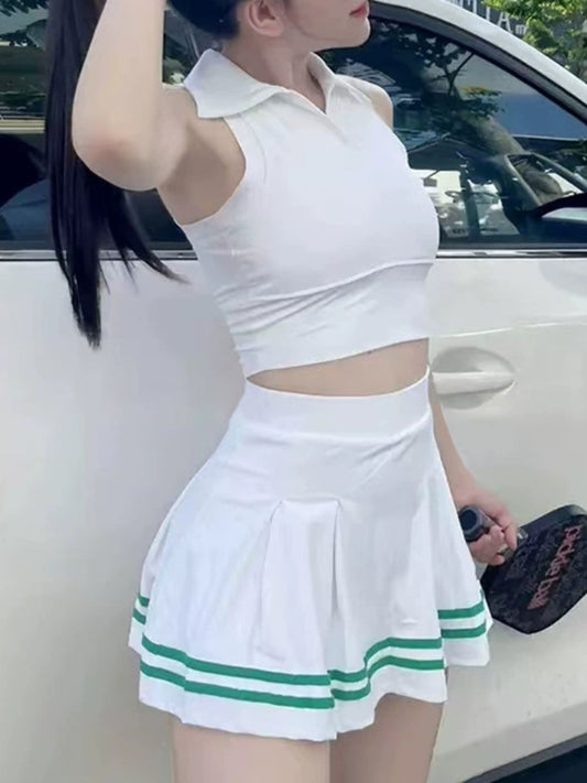 Sporty Sleeveless Polo Crop Top & Pleated Stripe Tennis Skirt Active Set