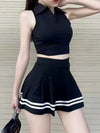 Sporty Sleeveless Polo Crop Top & Pleated Stripe Tennis Skirt Active Set