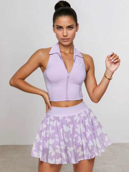 Halter Crop Top & Butterfly Print Tennis Skirt Set