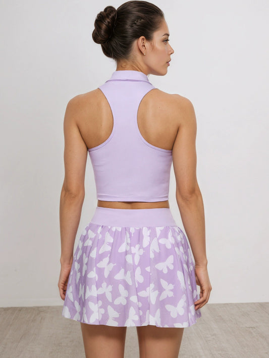 Halter Crop Top & Butterfly Print Tennis Skirt Set