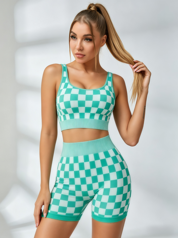 Checkered Ribbed Workout Short Set