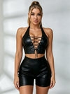 Faux-Leather Lace-Up Halter Top & Shorts Set