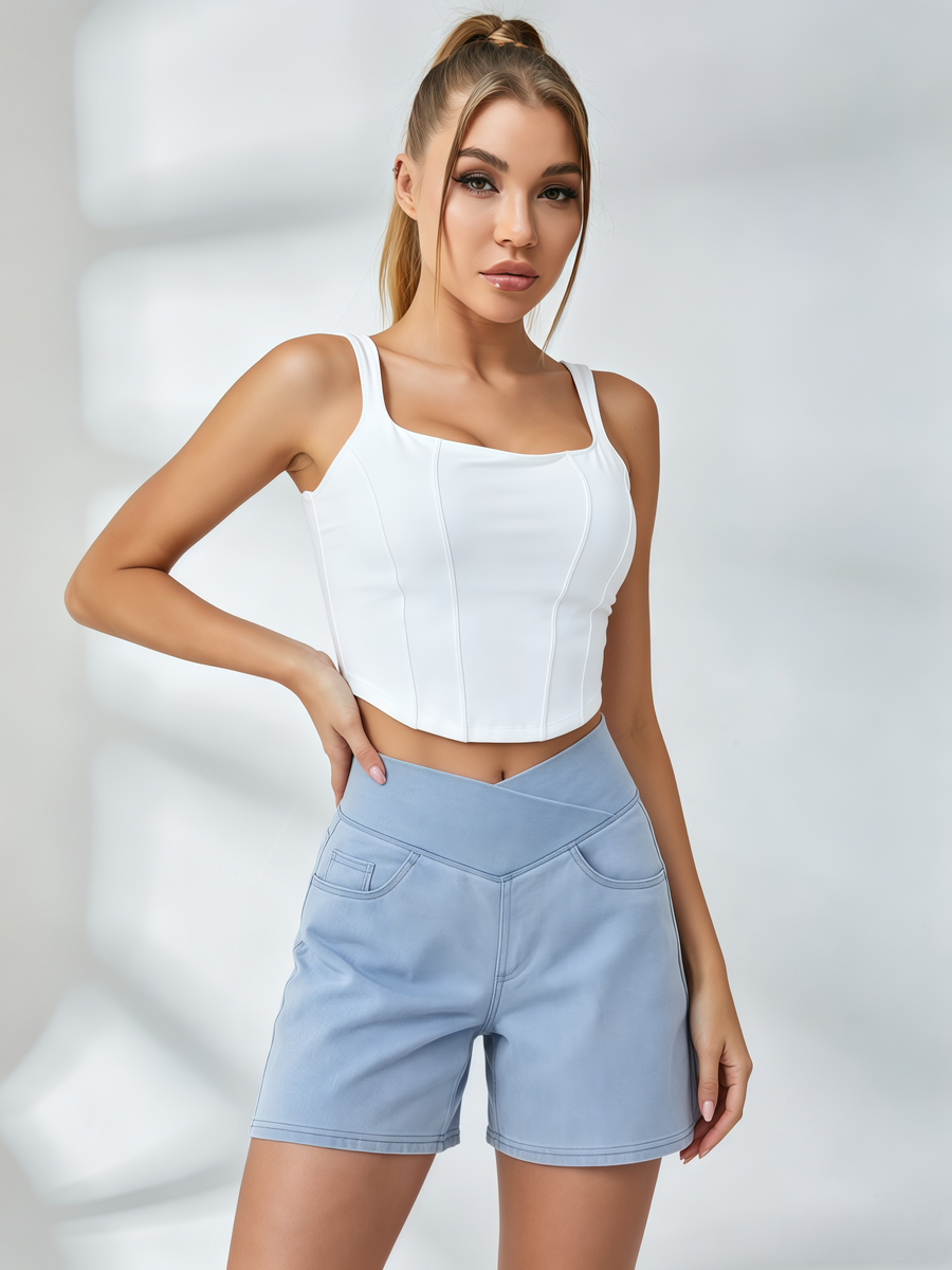 Corset‑Stitch Crop Top & Crossover‑Waist Denim Shorts Set