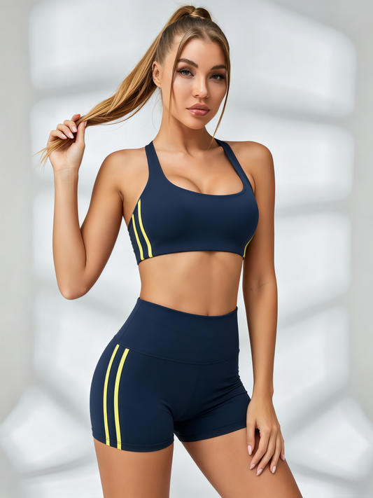 Navy Neon Stripe Racerback Sports Bra & High-Waist Biker Short Set