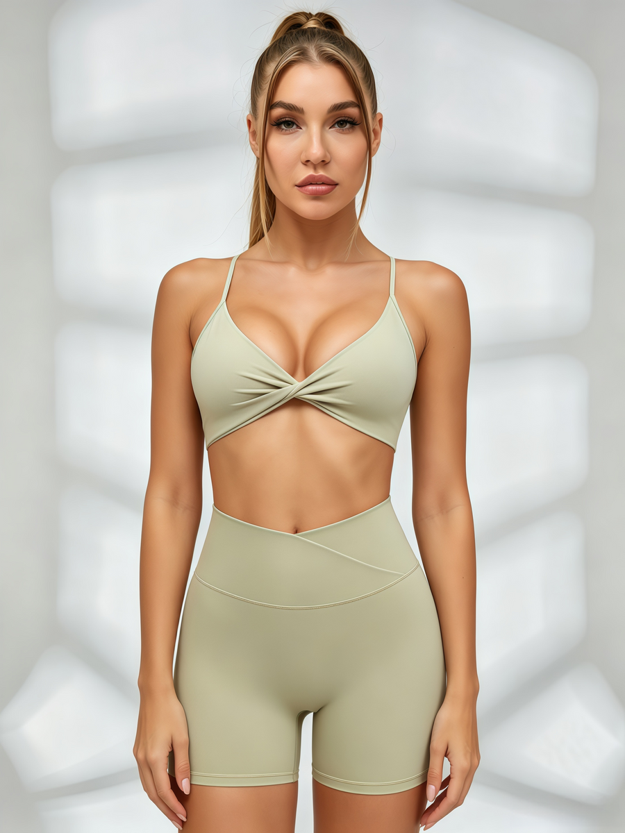 Sage Twist-Front Sports Bra & Crossover Waist Biker Short Set
